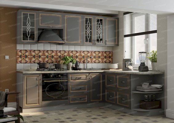 Модульный кухонный гарнитур Женева софт графит с патиной золото (Террикон)